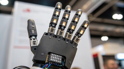 Fototapete - A closeup shot of a robotic hand equipped with multiple fingertips each designed for different tasks highlighting the advanced tactile sensors embedded in the tips.