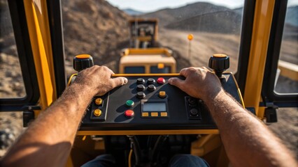 Aufkleber - A closeup shot of a quarry workers hands adjusting controls on a heavy machinery interface with the rugged exterior of the machine framing the scene.
