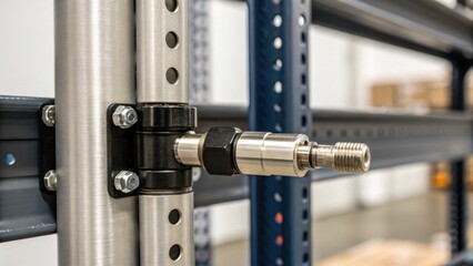 Aufkleber - A closeup shot of a specialized connector piece being fitted into two upright posts of a storage rack highlighting the precise engineering and robust materials involved.