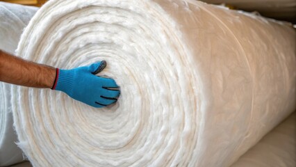 Poster - A closeup shot of a roll of insulation material revealing the fibrous structure and a workers hand reaching to grab another section for installation.