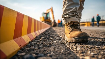 Poster - A closeup shot of a workers boot stepping on the rough gravel ground beside the barrier construction site illustrating the rugged environment and the scale of the ongoing project.