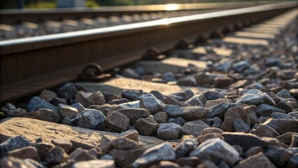 Aufkleber - A closeup shot of fresh track ballast with individual stones glistening in the light highlighting the importance of proper support for railway tracks.