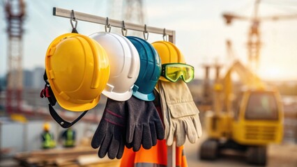 Poster - A closeup shot of safety gear hanging on a hook including hard hats gloves and goggles emphasized against the backdrop of ongoing construction activity.