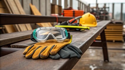 Poster - A closeup shot of safety gear including gloves and goggles resting on a bench underscoring the importance of safety measures in construction work.