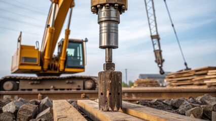 Poster - A closeup shot of the pile drivers massive steel hammer poised above a wooden pile highlighting the intricate engineering and the moment before impact.