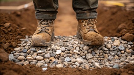 Poster - A closeup showing a workers muddy boots standing on the freshly laid ballast embedding small stones into the soft earth beneath.