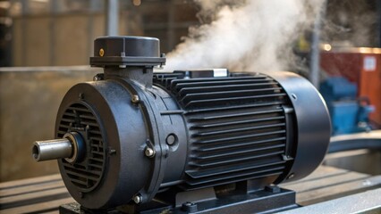 Aufkleber - A closeup showing the powerful motor of the water pump highlighting the cooling fins and electrical connections with steam rising above it.