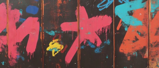 Poster - Vibrant graffiti artwork on weathered wooden boards displaying colorful patterns and textures