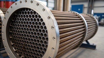 Aufkleber - A closeup view of a heat exchangers tube bundle shows intricate arrangements of tubes with various textures highlighting areas of thermal expansion and heat transfer efficiency.