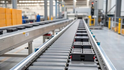 Poster - A closeup view of a conveyor belt system transporting prefabricated components emphasizing the efficiency of automation in handling materials.