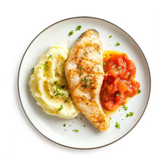 Wall Mural - Delicious Fish with mashed Potatoes and a Tomato Compote Isolated on a White Background