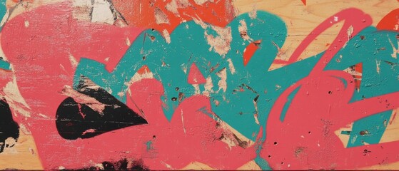 Poster - Colorful graffiti artwork on a textured wooden surface near an urban area showcasing vibrant designs