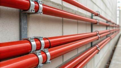 Poster - A closeup view of fire suppression tubing being tightly secured with clamps along a wall emphasizing the smooth flexible materials and precision fittings.