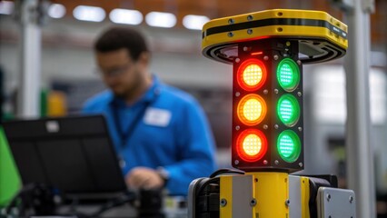 Aufkleber - A closeup view of feedback lights on an assembly robot glowing in various colors indicating operational status and the interplay of human oversight.