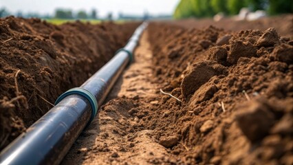 Poster - A closeup view of soil being compacted around newly installed irrigation pipes highlighting the texture of the earth as it forms around the infrastructure.