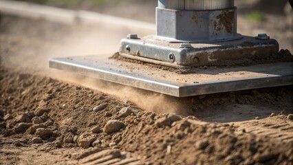 Poster - A closeup view of the compactors heavy metal plate making contact with the soil dust pluming around it as layers are compacted to enhance stability for upcoming structures.