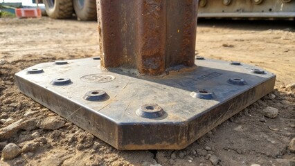 Poster - A closeup view of the pile drivers base plate firmly planted on the ground its large steel surface dented and marked from prior operations showing signs of wear and heavyduty use.