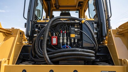 Aufkleber - A closeup view of the excavators engine compartment featuring heavyduty components and cables highlighting the robust engineering behind the operation.
