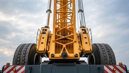 Aufkleber - A detailed focus on the counterweights of the mobile crane highlighting their design and placement as it prepares to lift the tower cranes vertical sections.