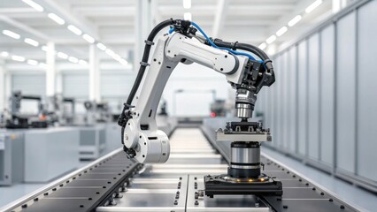 Aufkleber - A detailed perspective of a robotic arm with multiple joints showcasing the engineering behind its versatility and range of motion during assembly tasks.