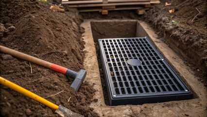 Poster - A detailed shot of a drainage inlet being installed highlighting the grating and surrounding soil as well as tools resting nearby for the installation process.