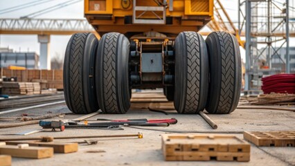 Poster - A detailed shot of the mobile cranes massive wheels gripping the ground with construction materials and tools tered around in the foreground.
