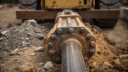 Poster - A detailed closeup of the impact tool at the end of the pile driver revealing its rugged surface and reinforced metal edges with dirt and debris tered around.