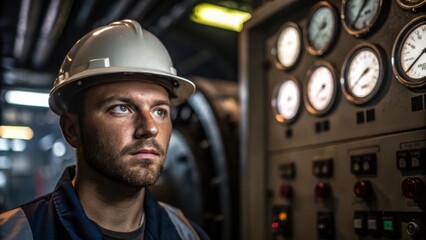 Aufkleber - A detailed shot capturing the technicians face illuminated by the harsh lighting within the turbine displaying concentration as they inspect gauges and readouts on the control