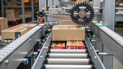 Aufkleber - A detailed shot of a mechanical junction where the conveyor belt meets a sorting mechanism depicting the complexity of automation in food logistics.