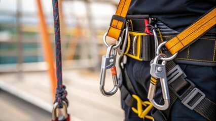 Poster - A detailed shot of safety harness equipment and carabiners clipped onto a workers belt demonstrating the safety precautions taken while working at great heights.