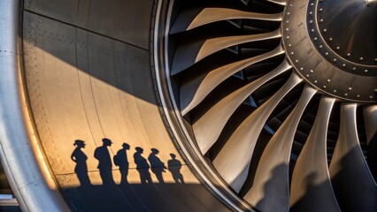 Aufkleber - A detailed view of a turbine blades edge demonstrating the unique materials used and the craftsmanship involved while the shadows of the assembly team loom in the background.