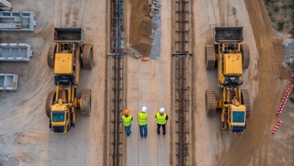 Poster - A drone capturing aerial imagery of a construction site focusing on the progress of large machinery with workers conducting inspections in the foreground.