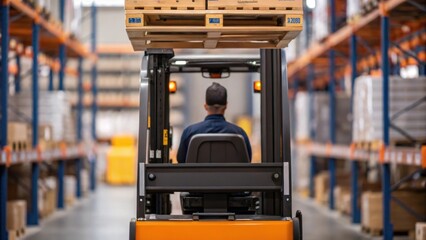 Aufkleber - A dynamic medium closeup of a worker operating a forklift to lift a heavy shelf component showcasing the machinerys interaction with the assembly process and the scale of warehouse