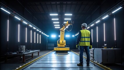 Aufkleber - A dynamic shot of a worker guiding a robotic crane highlighting the interaction between human operators and technology with overhead lights illuminating the workspace.