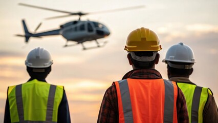 Poster - A focused shot of safety gear including hard hats and reflective vests worn by workers silhouetted against a helicopter flying above illustrating the human element in heavylift