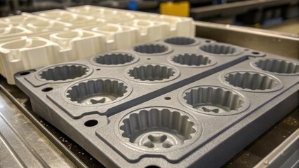 Poster - A gleaming closeup of textured molds filled with setting plastic capturing intricate details as they prepare to form various industrial shapes and parts.