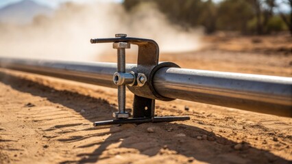 Aufkleber - A handson view of a welding clamp securing a pipe the glistening metal contrasting with the dusty unpaved ground nearby emphasizing the remote working conditions.