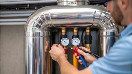 Aufkleber - A handson view of a technician checking fluid levels in the geothermal heat pump with the shiny metal casing reflecting the work area.