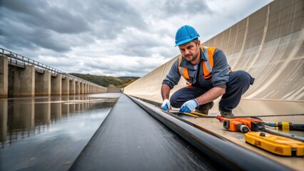 Aufkleber - A maintenance worker applies a waterproof sealant to a joint on the dam illustrating the precision needed in maintaining water integrity with tools laid out nearby.
