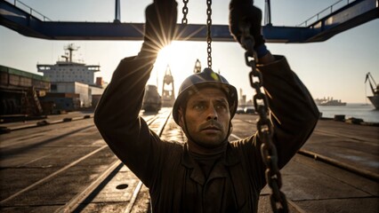 Poster - A medium closeup captures a workers face focused and determined as they adjust the cranes rigging while the sun casts shadows across the gritty shipyard floor.