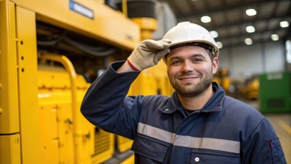Poster - A medium closeup capturing a moment of reflection as an assembler wipes their brow and surveys a nearly completed generator embodying the pride in achieving a significant milestone
