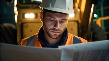 Aufkleber - A medium closeup capturing a workers face illuminated by the glow of machinery with a look of concentration while reading blueprints for repairs.