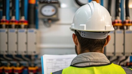 Poster - A medium closeup capturing a safety helmet on a workers head with their focused gaze directed towards a complex array of equipment as they review installation instructions.
