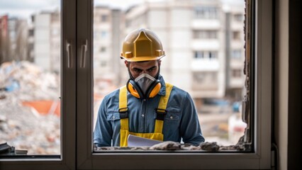 Poster - A medium closeup capturing a robust worker inspecting processed rubble for debris integrity with partially deconstructed buildings visible through a nearby window.