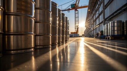 Poster - A medium closeup capturing the reflective surfaces of the containers with streaks of sunlight creating a mesmerizing pattern as the crane moves.