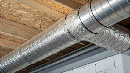 Poster - A medium closeup emphasizing the sleek modern design of ventilation ducts being installed along a ceiling with the contrasting textures of metal and insulation visible.