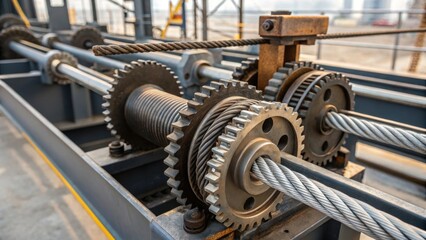 Aufkleber - A medium closeup displaying intricate machinery with gears and cables used for hoisting steel girders into place focusing on the mechanical complexity of the production setup.