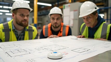 Aufkleber - A medium closeup featuring a team of workers discussing the installation of smart sensors with a blueprint of the factory layout spread across a table in front of them.