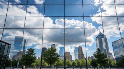 Poster - A medium closeup depicting the reflection of clouds in the glass facade creating a harmonious blend of architecture and nature in the urban landscape.