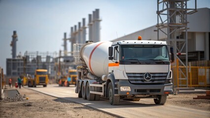 Aufkleber - A medium closeup image of a concrete truck unloading materials near a modular power station site highlighting the logistics and heavy machinery involved in construction.